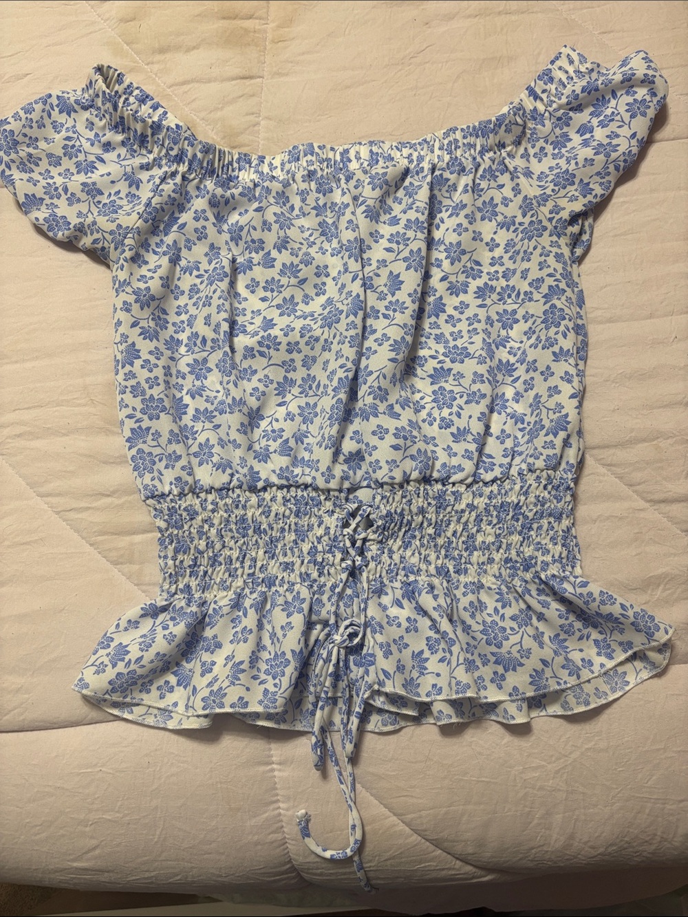 Ultra Flirt White and Light Blue Off-Shoulder Smocked Floral Peplum Top